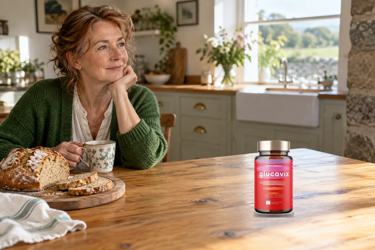 Woman holding a jar of Glucavix at breakfast